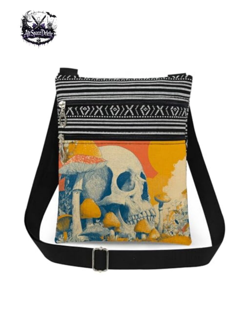 Skull Print Crossbody Bag Adjustable Strap Double Zipper Sling